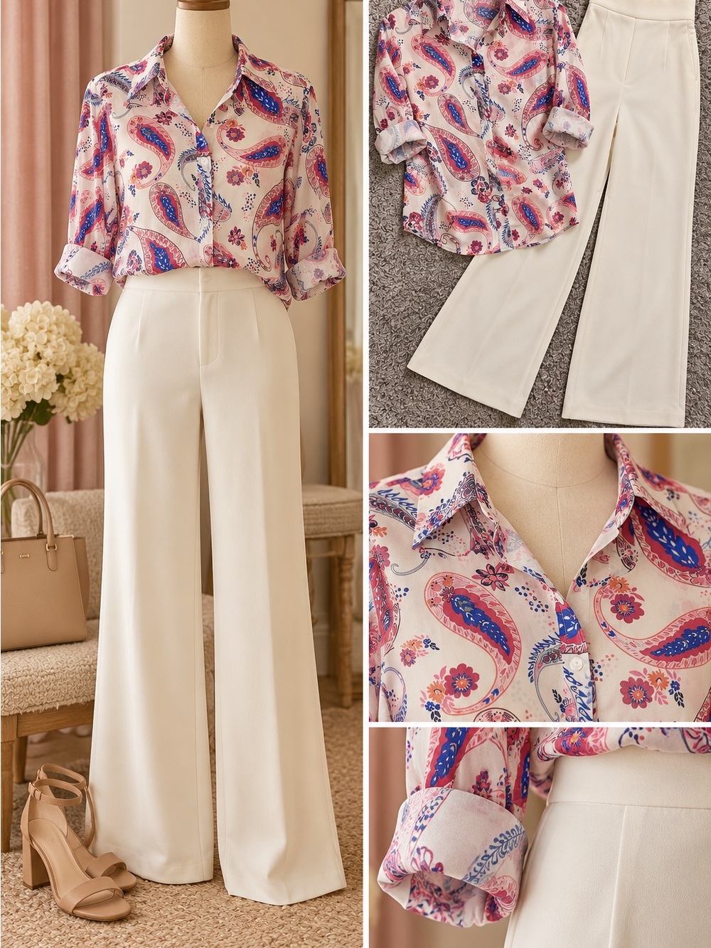Women’s Cream Wide-Leg Pants — Elegant High-Rise Trousers